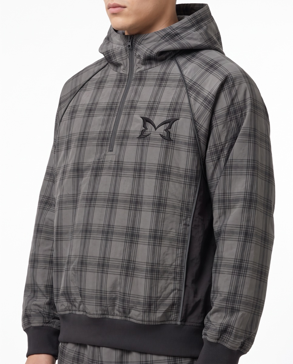 Plaid windbreaker — worn 3/4